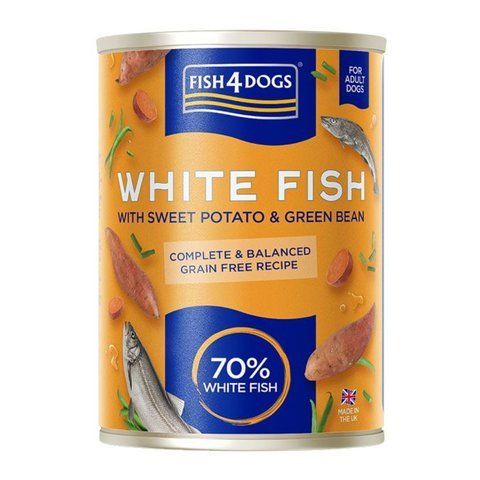 Беззерновой влажный корм для собак Fish4Dogs Finest Белая рыба с бататом и зеленой фасолью 395 г 45575 фото