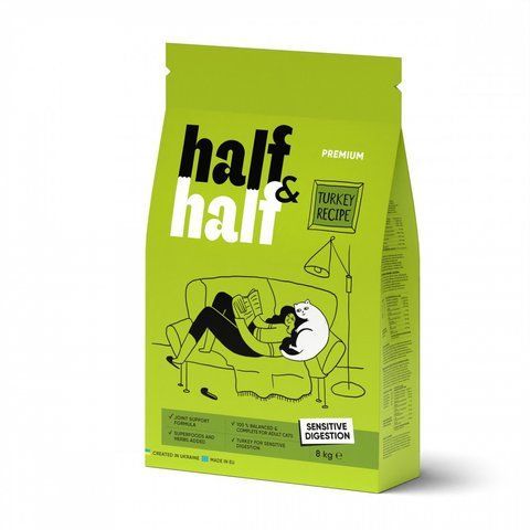 Корм сухий HalfHalf для котів із чутливим травленям з індичкою 8 кг 1111175730 фото