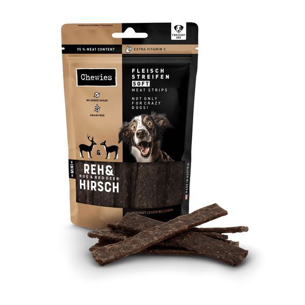 Мясные натуральные лакомства для собак 100% Косуля и Оленина Chewies Fleischstreifen Soft Ente для всех возрастов 150 г 45467 фото
