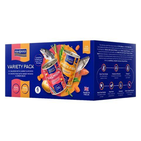 Набор натуральных беззерновых влажных рационов для собак Fish4Dogs Finest Variety Pack Лосось с морковкой и картошкой/Белая рыба с бататом и зеленой фасолью, 6 шт/395 г 45573 фото